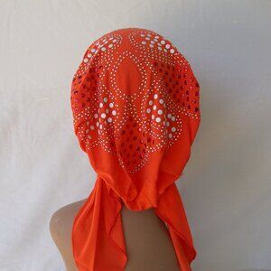 Orange Pre-Tied Stud Chemo Cap Slip On Bonnet Hijab Undercap #5